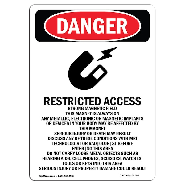 Safety Sign, OSHA Danger, 5" Height, Restricted Access Strong, Portrait, 10PK